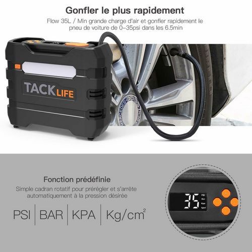 Compresseur de voiture 12V 10 bars max, compresseur Tacklife ACP1B 12V  Portable avec 4 Adaptateurs