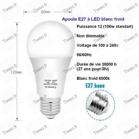 Bombilla LED blanca fría E27 12W, 6000k bombilla LED de alta potencia