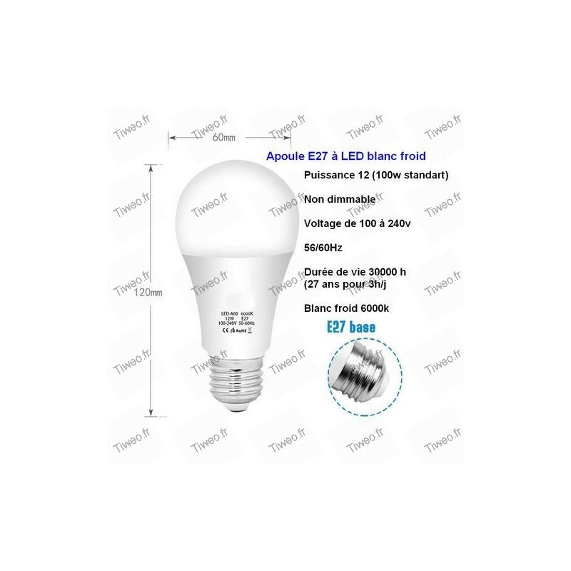 Bombilla LED blanca fría E27 12W, 6000k bombilla LED de alta potencia