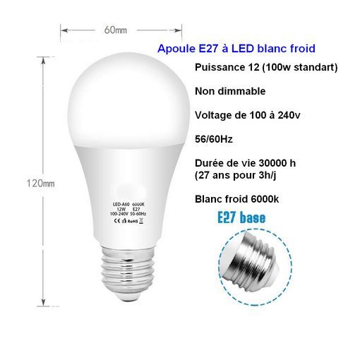 LED-Glühbirne E27 12W Äquivalent 100W kalt weiß