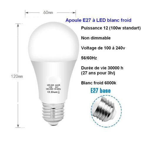 Koudwitte LED-lamp 12W, krachtige LED-lamp