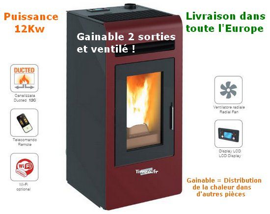 Poêle à pellets 12KW gainable 2 sorties avec télécommande